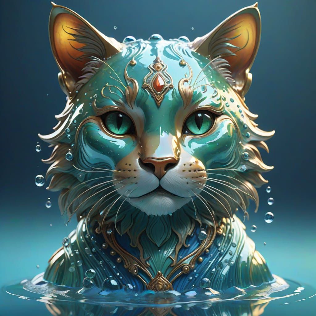 Water Cat Figurine in a Glass of Clear Blue Water