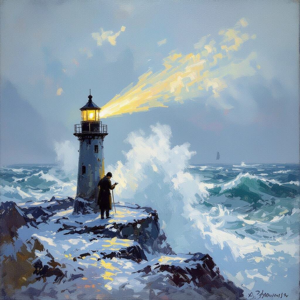 Lighthouse Keeper in Winter Storm, Impressionist Style