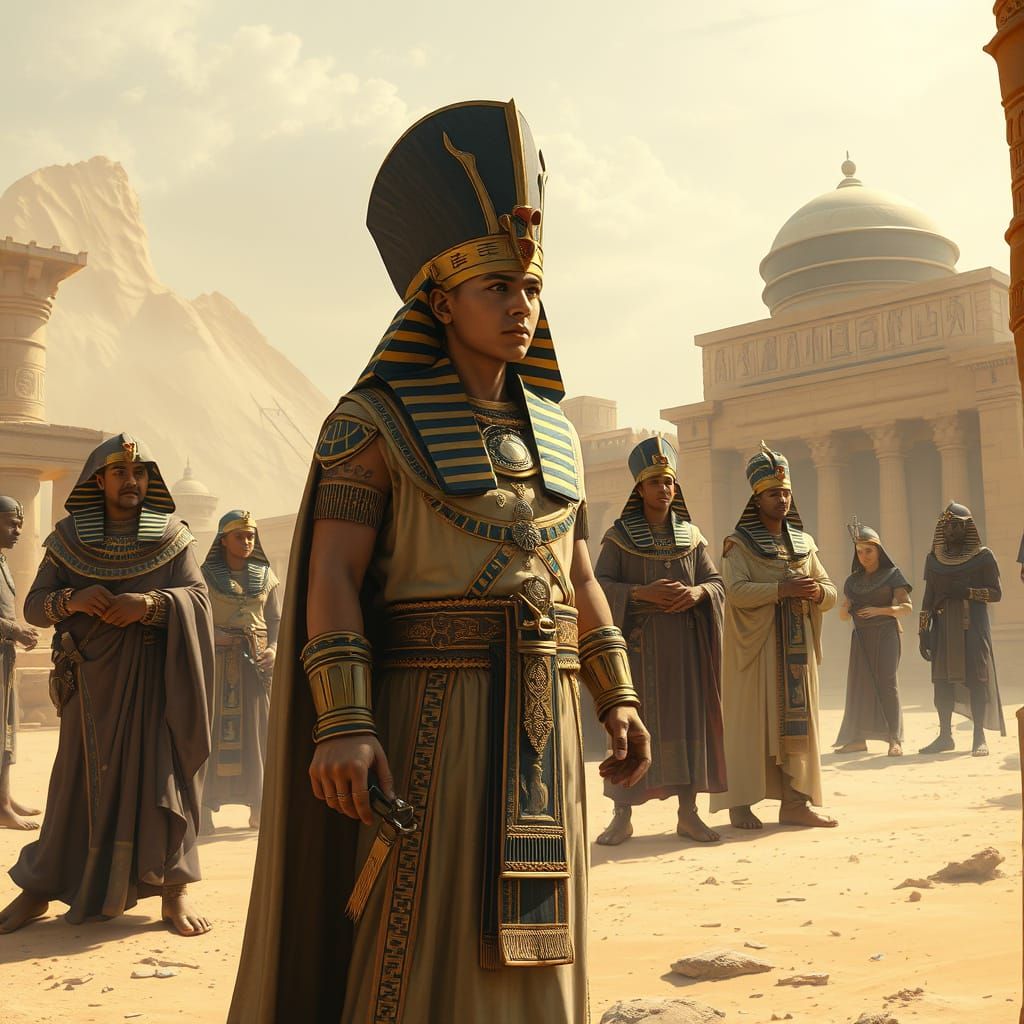 Ancient Egyptian Pharaohs in Ornate Robes, Amidst Grand Temp...