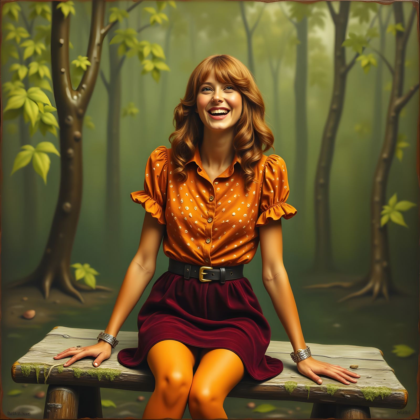 Joyful Woman Laughing on Forest Bench in Vintage Style