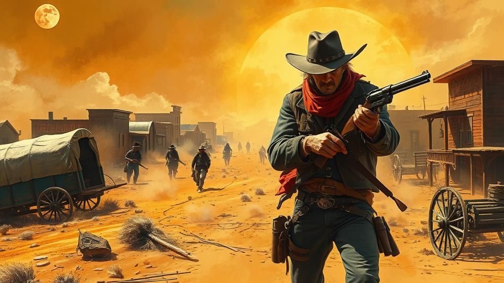Cowboy Gunslinger Shootout in Western Town as Oil Painting
