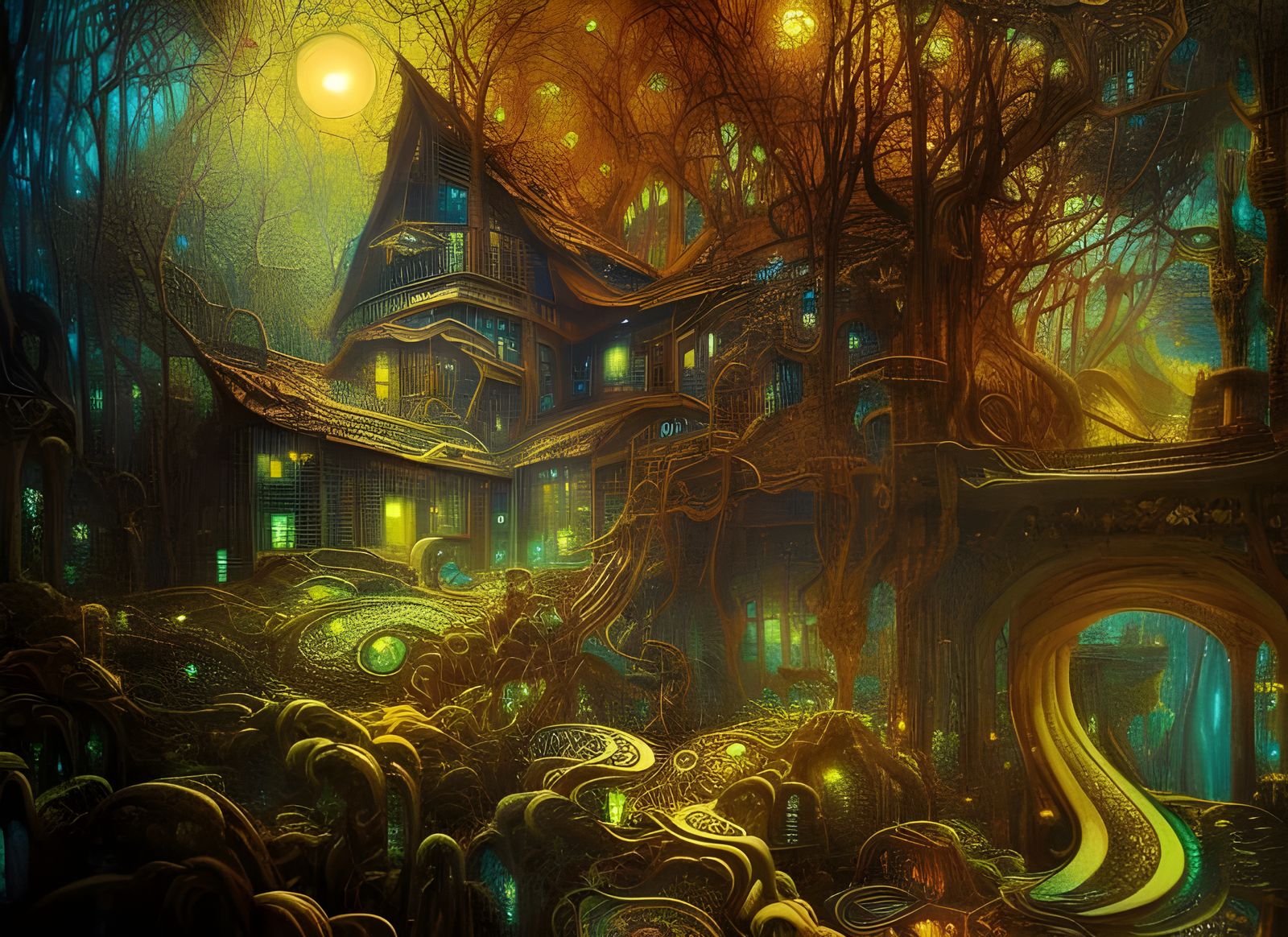 Faded cubist treehouse complex Japanese architecture