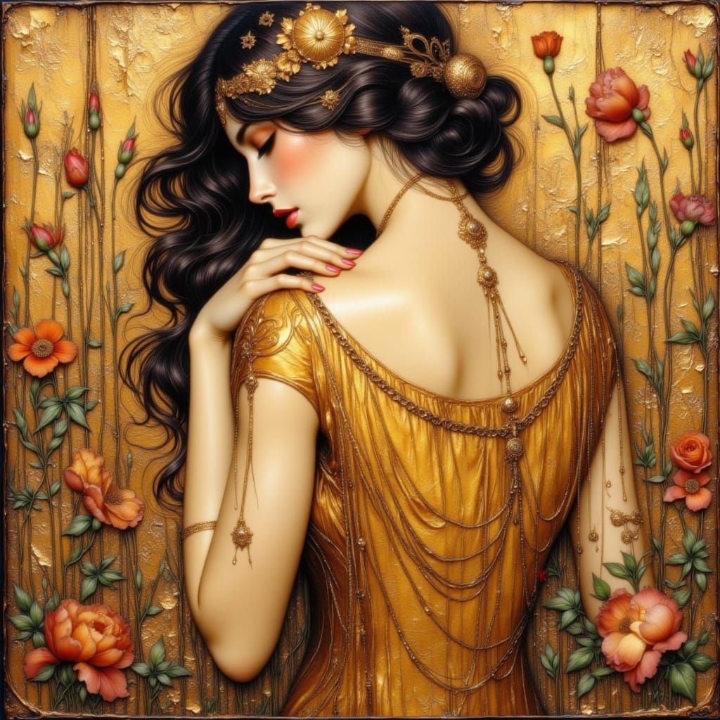 Elegant Female Portrait in Art Nouveau Gold Style