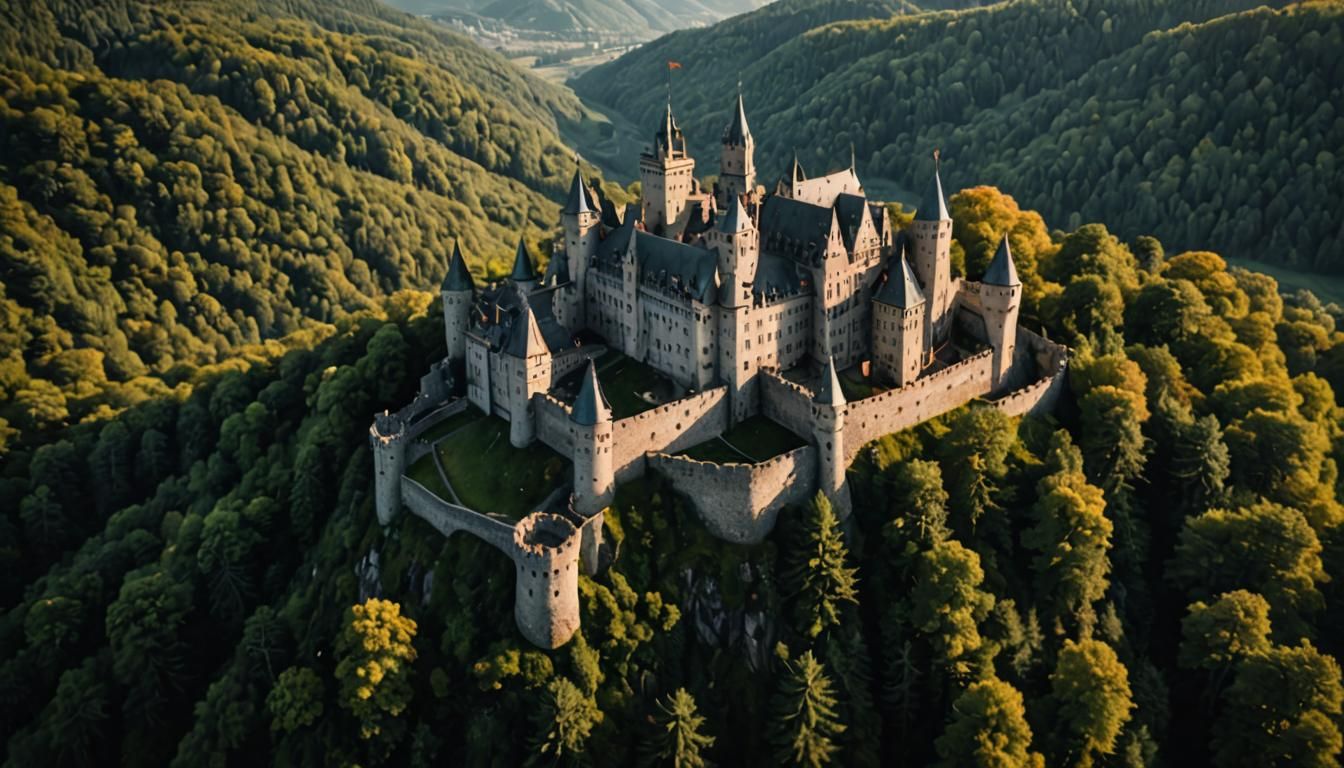 Majestic Medieval Castle in Dark Forest: Aerial View