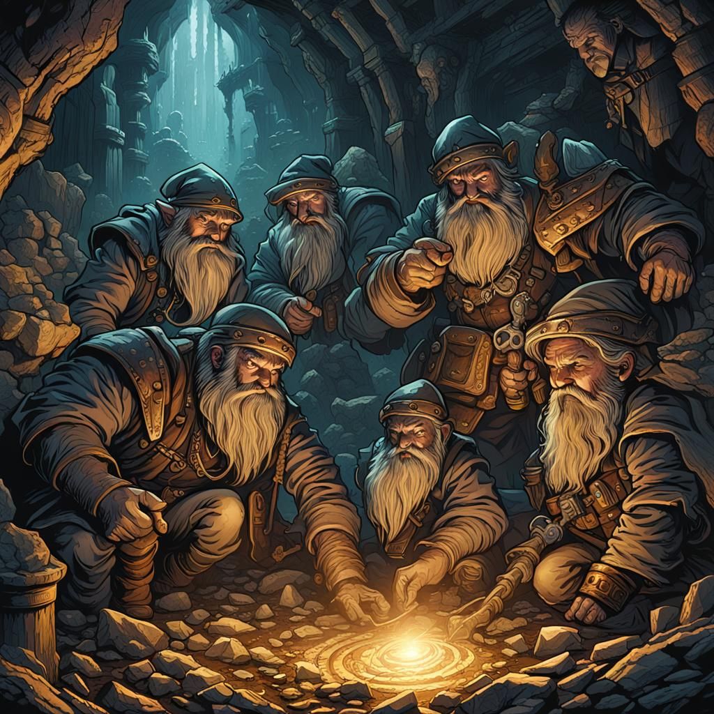 Dwarves Mining Gold: Comic Book Art