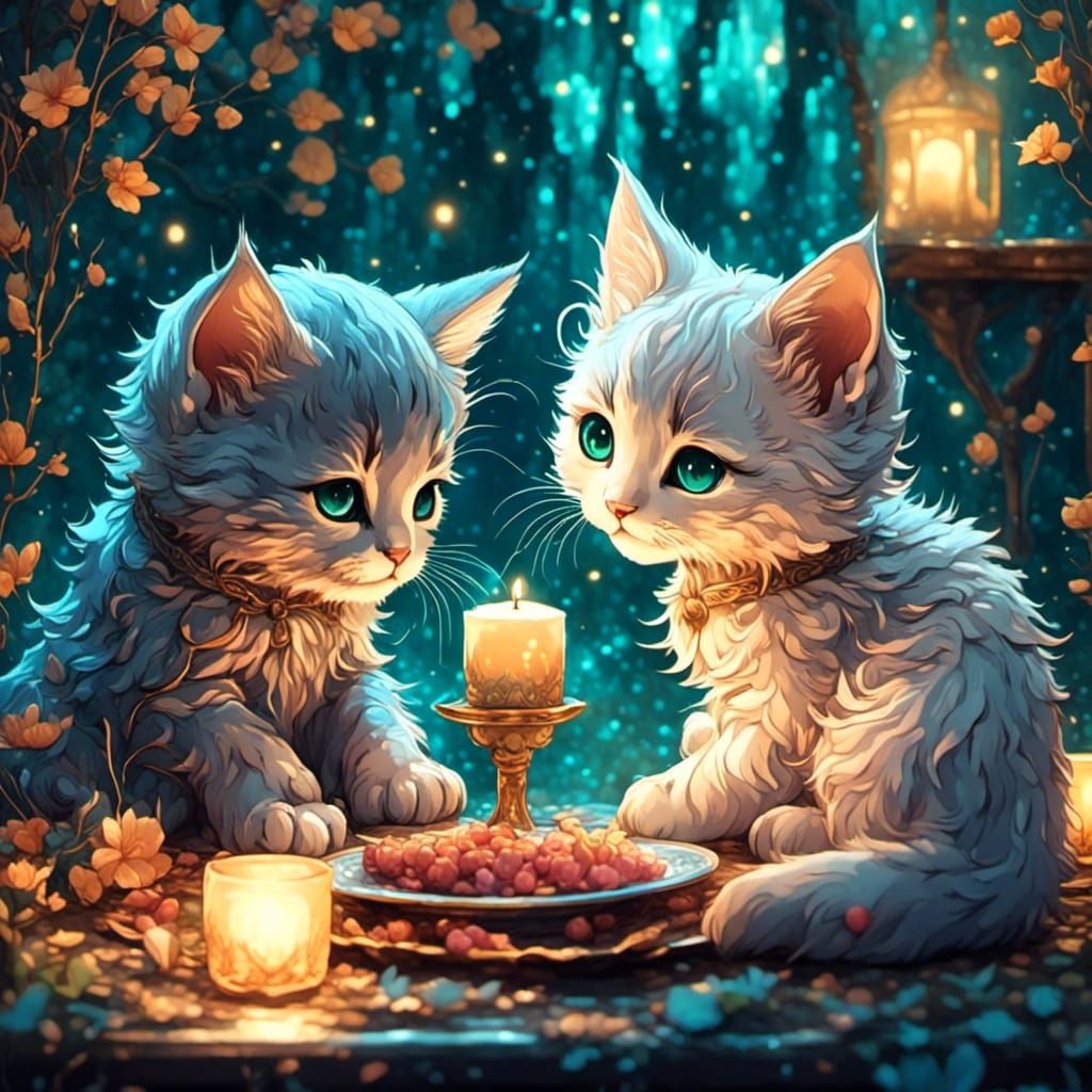 Kittens' Romantic Dinner: A Watercolor Sketch