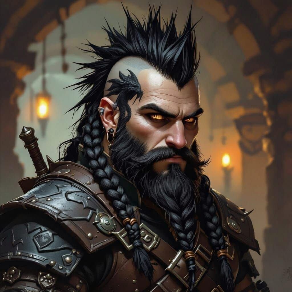 Dwarf Rogue with Mohawk and Wyvern Tattoo in Dark Fantasy St...