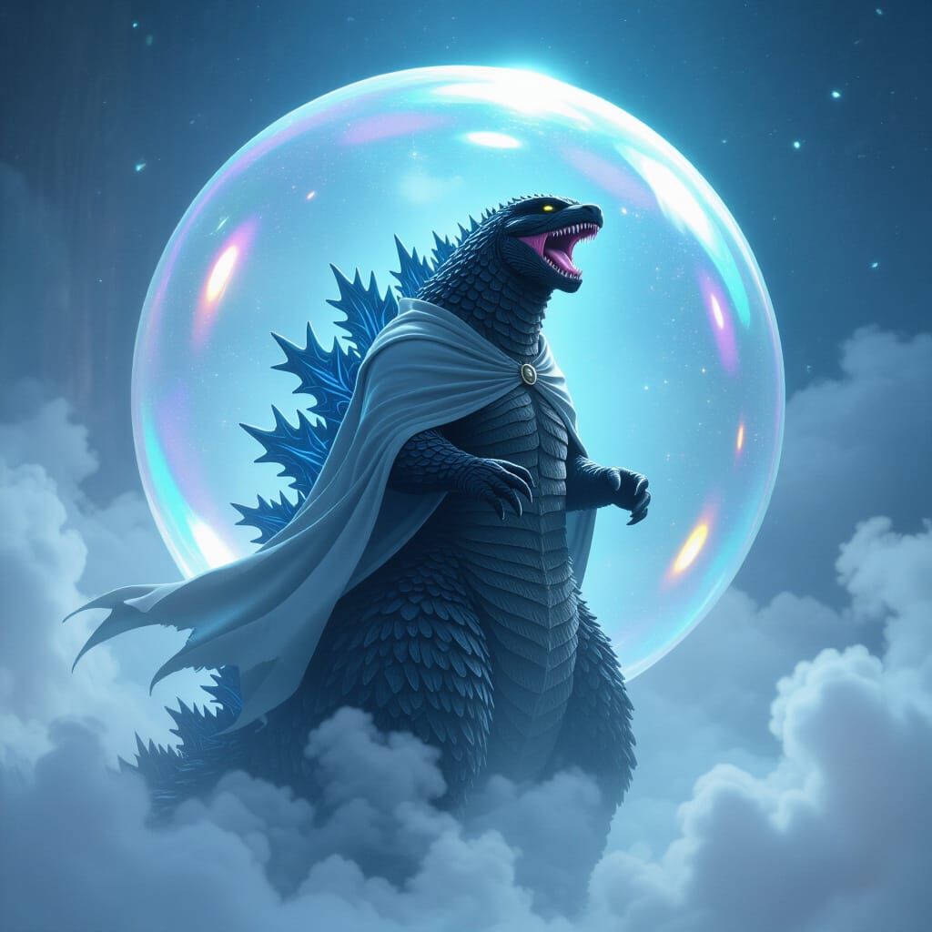 Godzilla Roars in Floating Bubble, Dreamy Ethereal Art