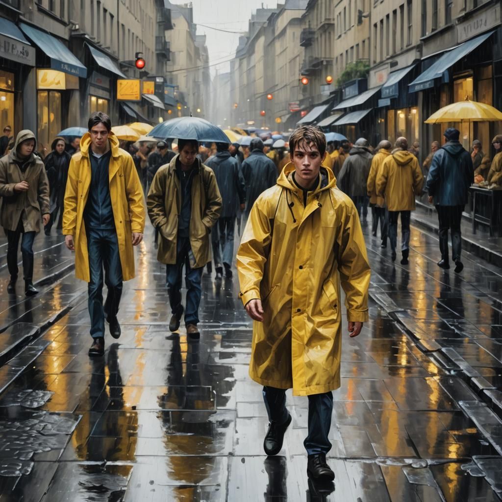 Impressionist Street Scene with Yellow Raincoat