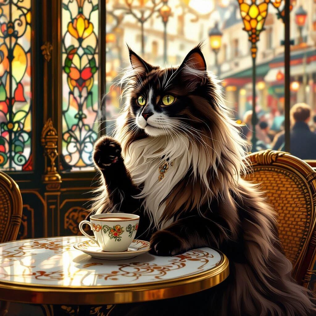 Elegant Cat in Parisian Cafe, Art Nouveau Style