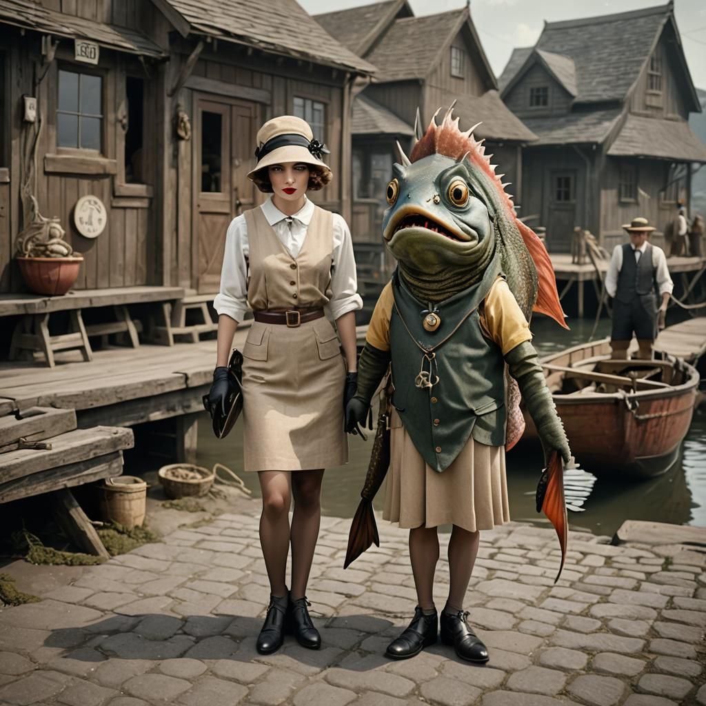 Chic Woman and Fish Monster in 1920s Village