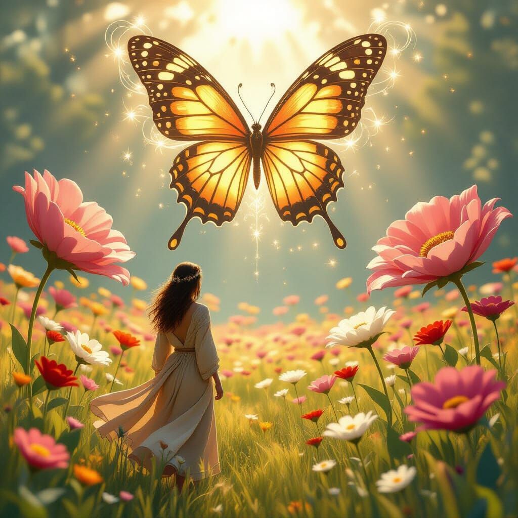 Ethereal Butterfly Spirit in Giant Flower Meadow