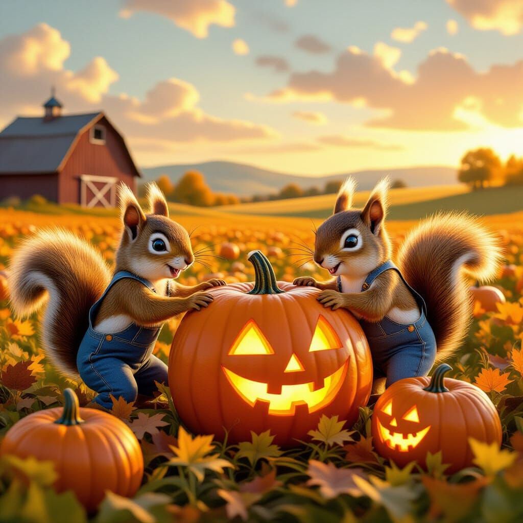 Whimsical Squirrels Harvest Glowing Pumpkins in Golden Light
