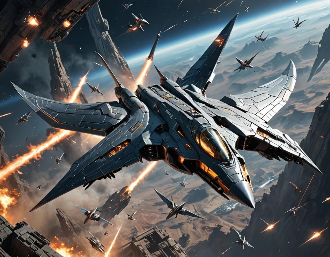 Pterodactyl-Inspired Space Fighter in Detailed Sci-Fi Scene