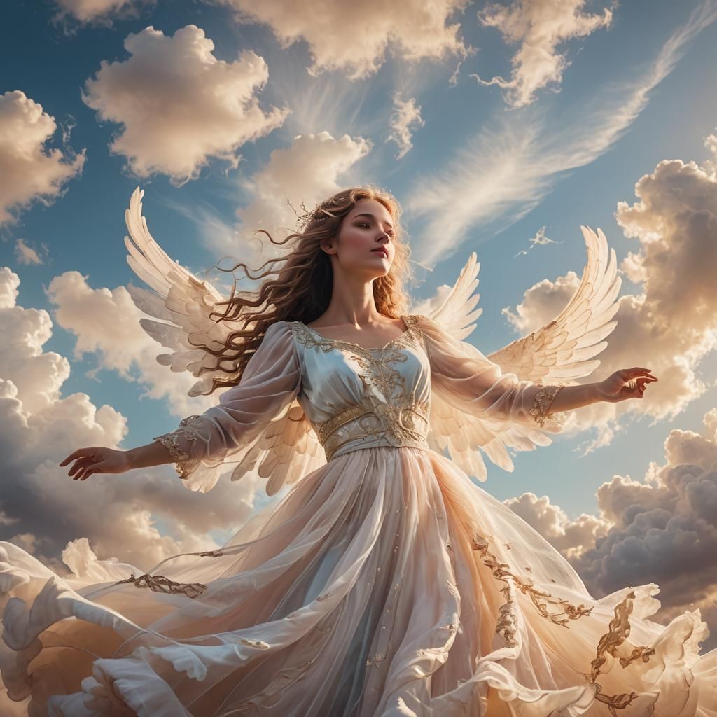 Dreamy Angel Floating in Pastel Sky