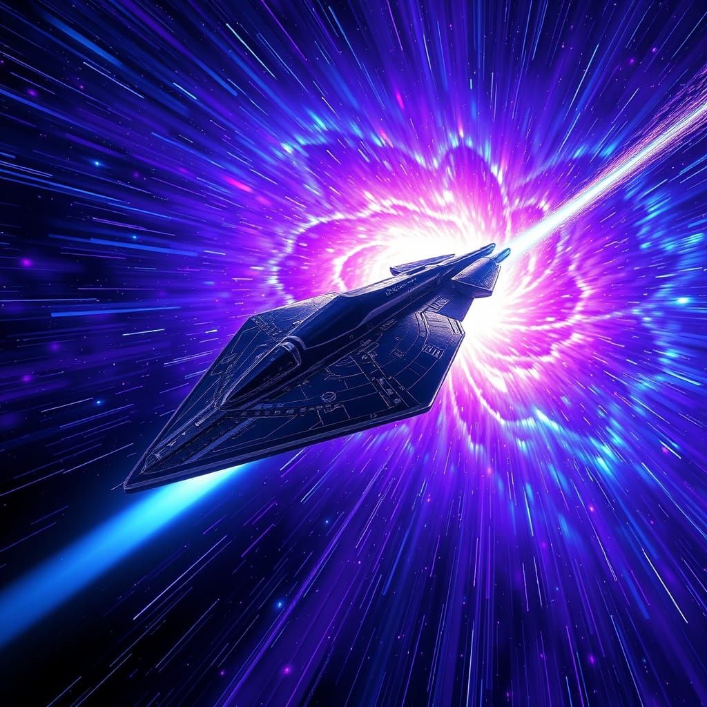 Neutronium Starship Blazes Through Hyperspace in a Dreamlike...