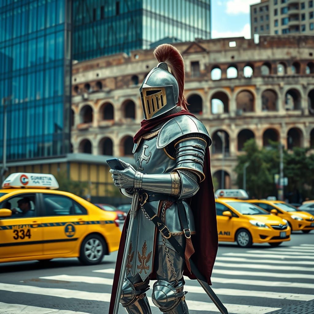 Knight on Crosswalk with Taxis, Documentary Style