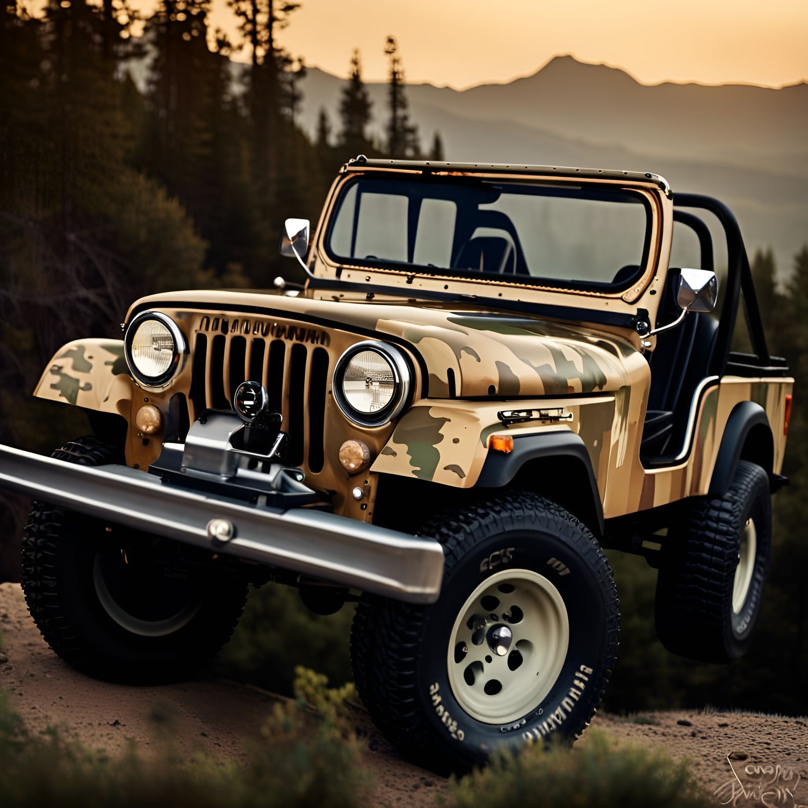 Camouflaged 1979 Jeep CJ on Mountain Trail