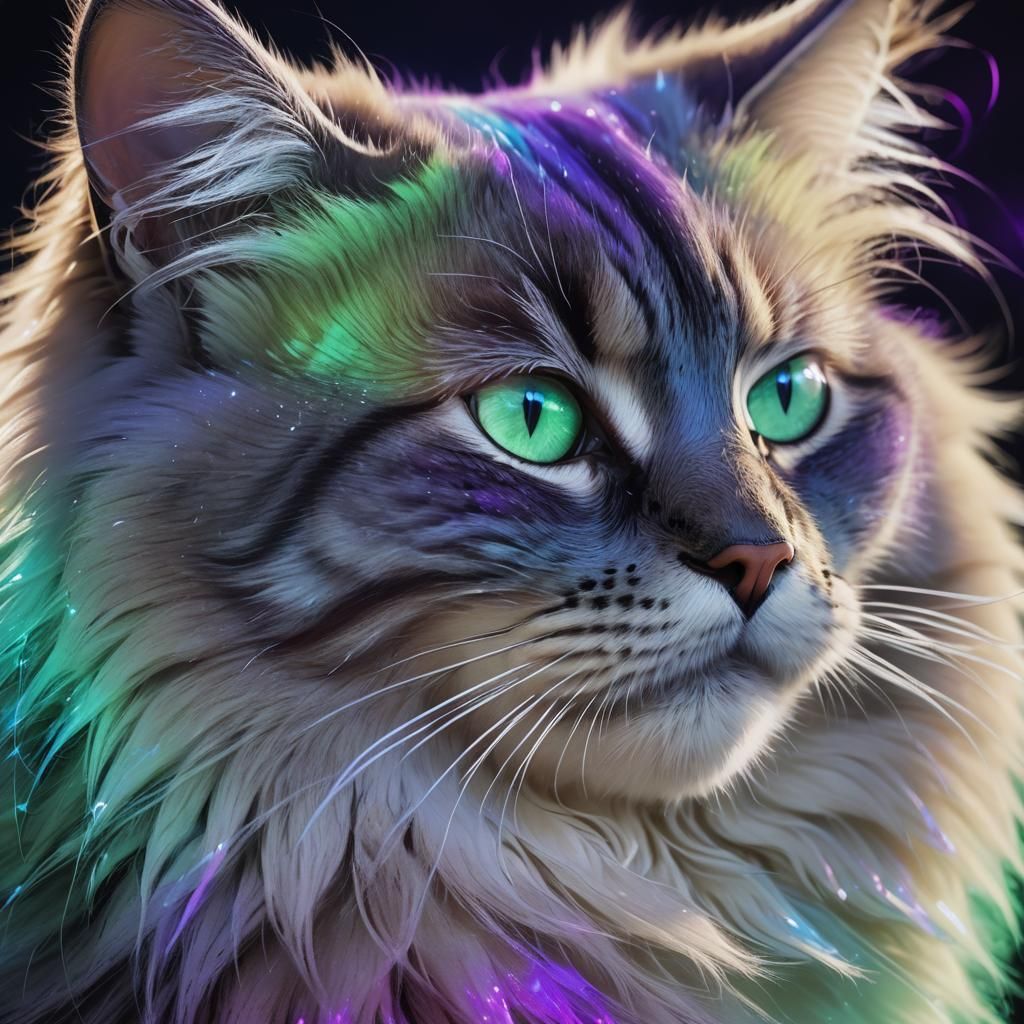 Glowing Siberian Cat Portrait in Neon Holographic Style