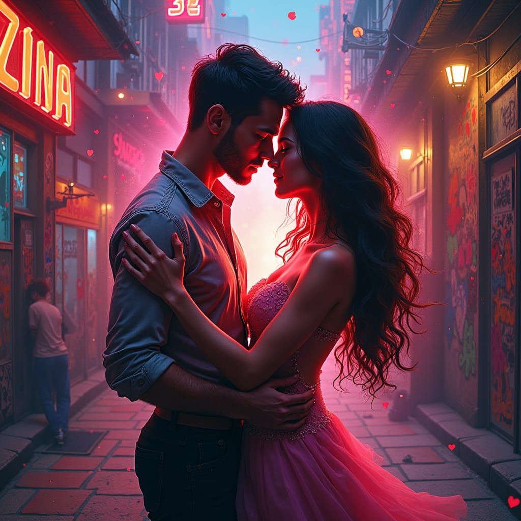 Romantic Couple Dancing in Neon Cityscape, Digital Art