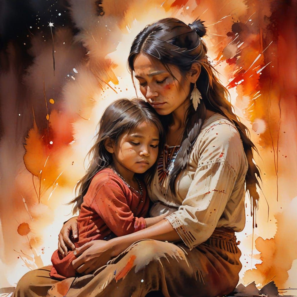 Native American Mother and Child in Watercolor