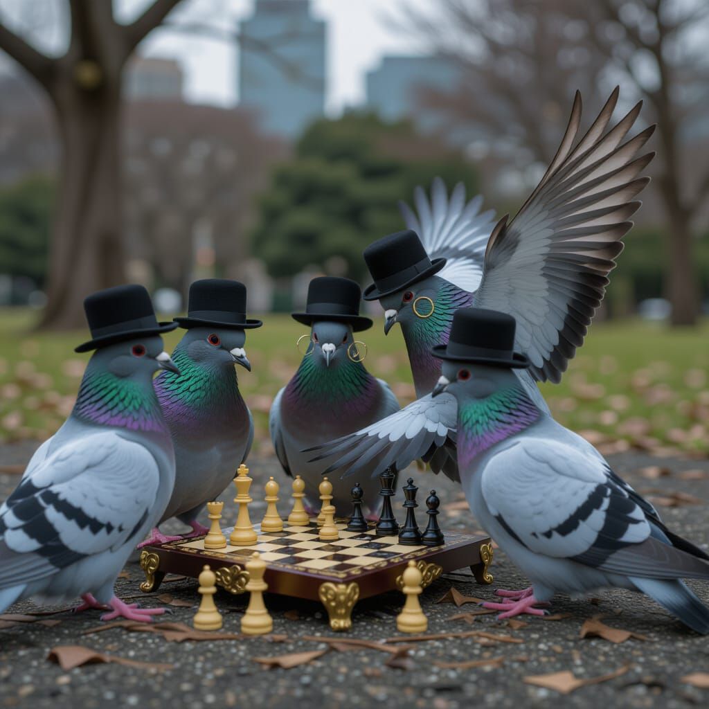 Pigeons in Bowler Hats Play Chess in Grimy Park