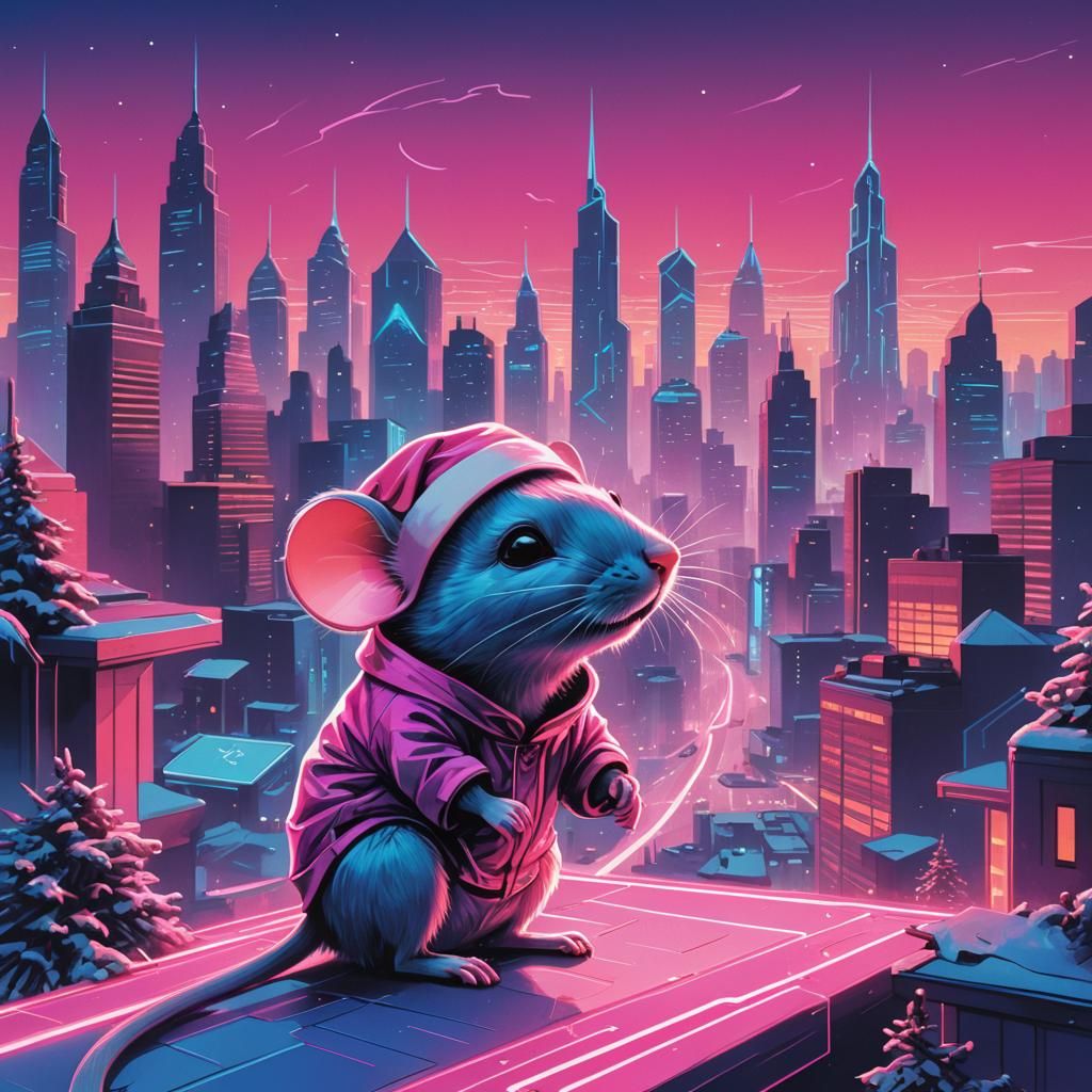 Mouse on Synthwave Christmas Card with Calligraphy