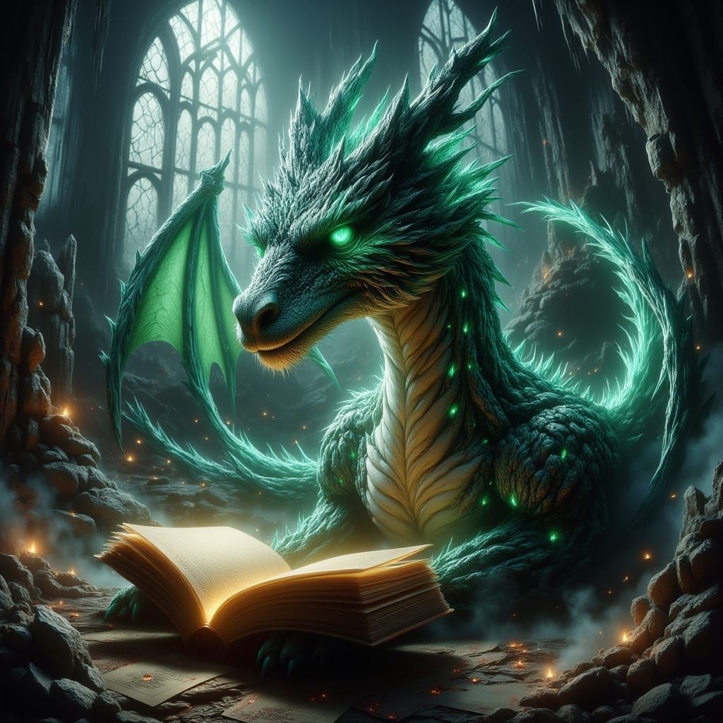 Dragon Reading in Ruined Gothic Library