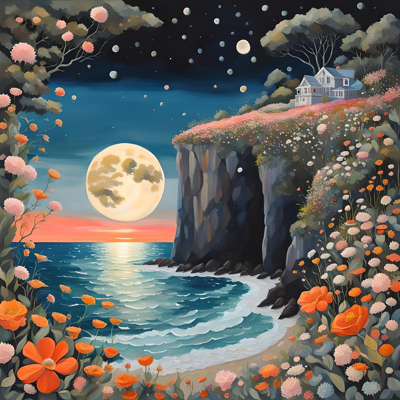 A beach on a flower filled cliff, A giant moon floating abov...