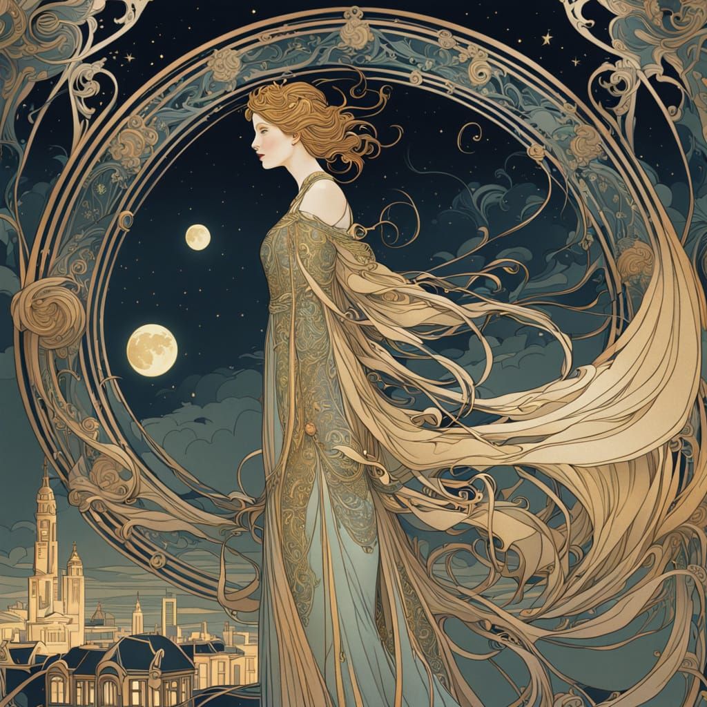 Elegant Dreamweaver Amidst Moonlit Cityscape in Art Nouveau ...