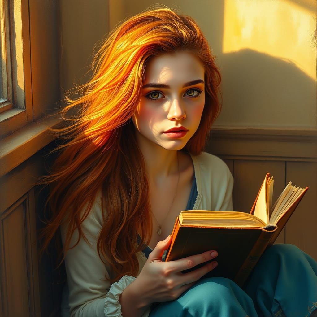 Melancholic Woman Reading, Watercolor Oil Painting