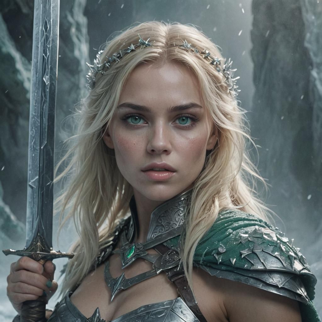 Icy Cave Portrait: Blonde Warrior Woman with Sword