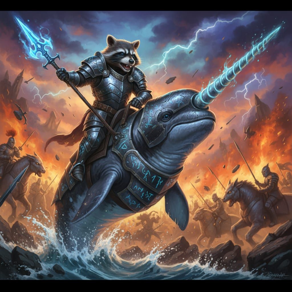 Armored Raccoon Charges Battle on Narwhal