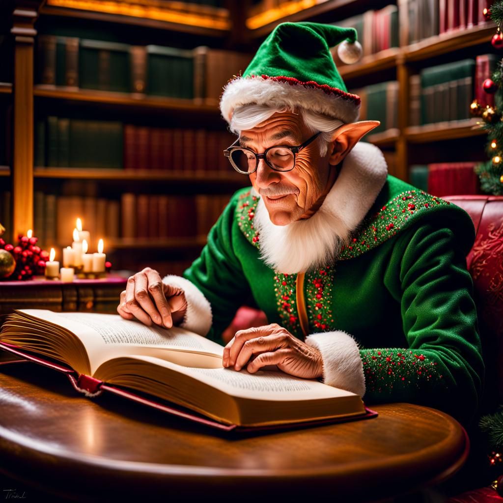 Christmas Elf Reading in Cozy Library