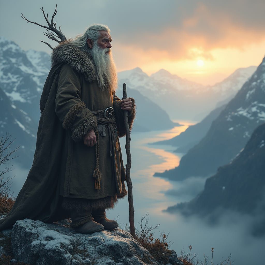 Viking Sage Overlooking Kingdom in Atmospheric Twilight