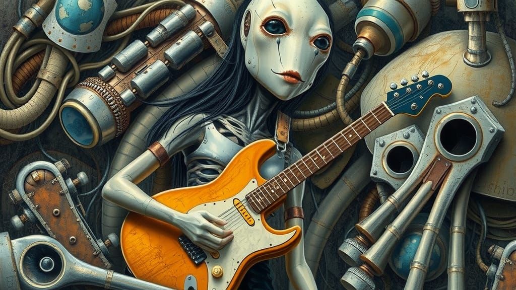 Nanette with Telecaster in Surreal Biomechanical Landscape