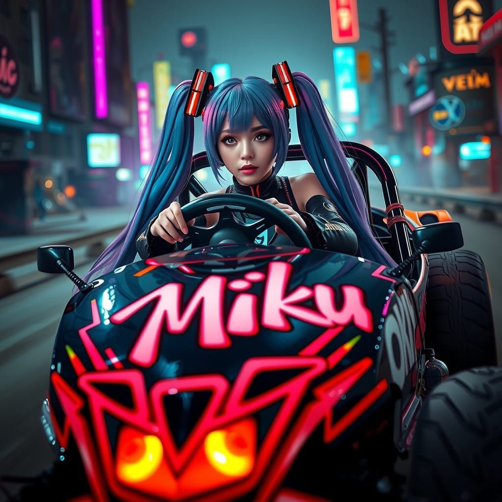 Hatsune Miku in Cyberpunk Dune Buggy