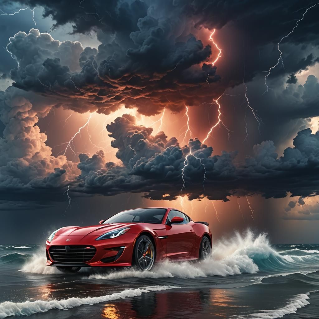 Red Sports Car Flies Through Stormy Sky