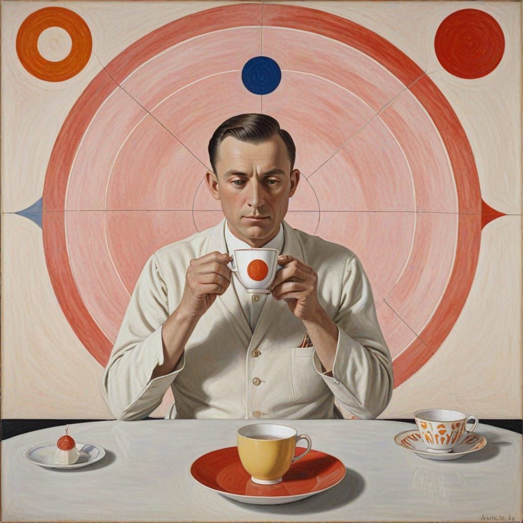 Man Drinking Tea with Esoteric Symbols and Abstract Art