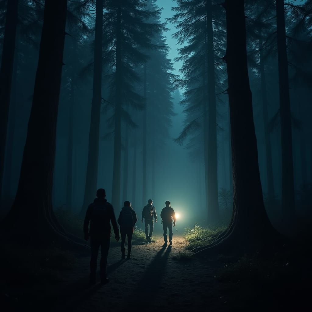 Eerie Forest Explorers in the Style of Matte Painting