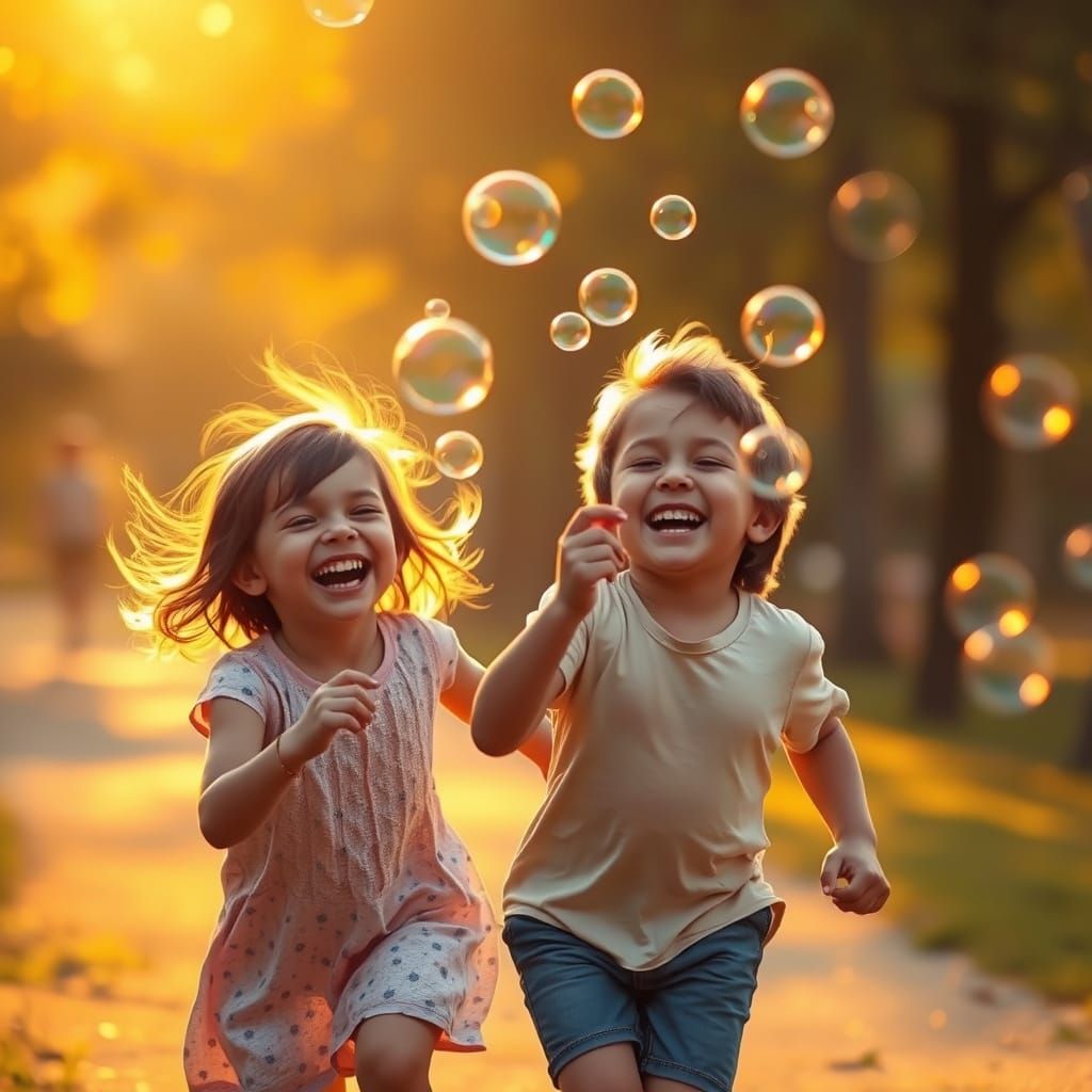 Children Chasing Bubbles in Golden Sunset Park