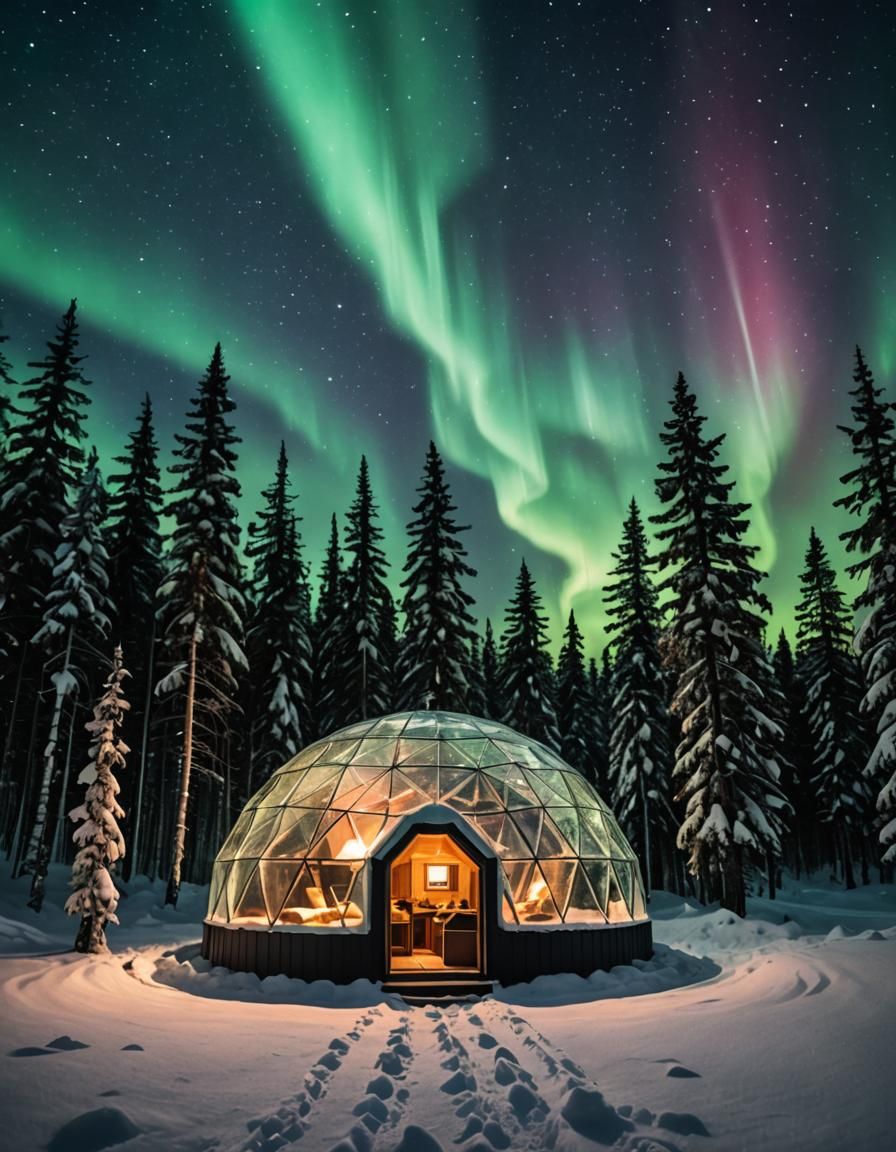 Glass Igloo Under Aurora Borealis in Snow