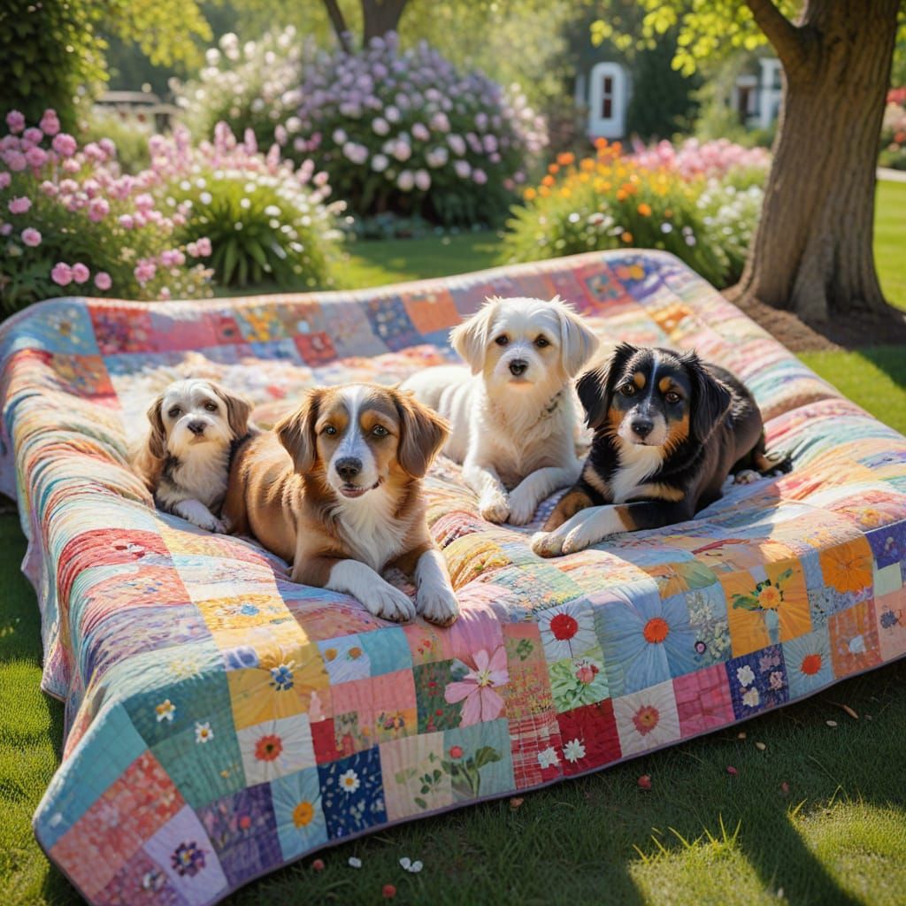 Joyful Small Dogs in a Whimsical Blooming Backyard Scene