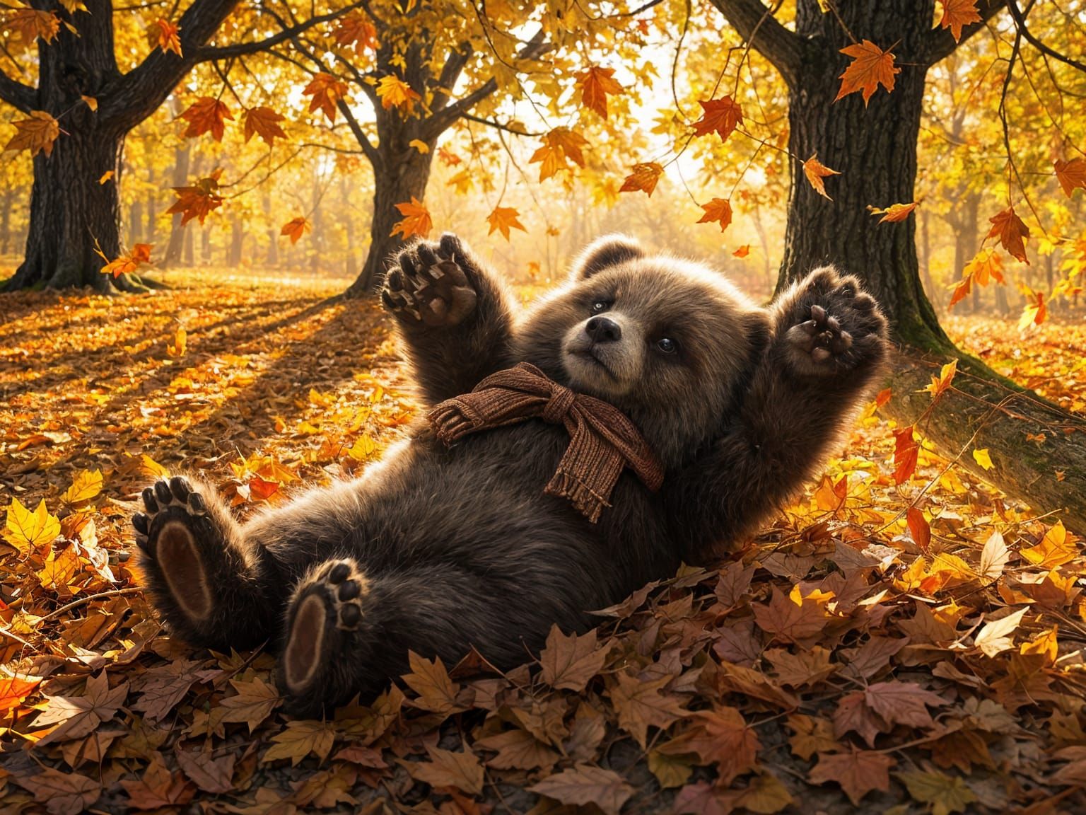 Fluffy Bear Cub Makes Leaf Angel in Autumn