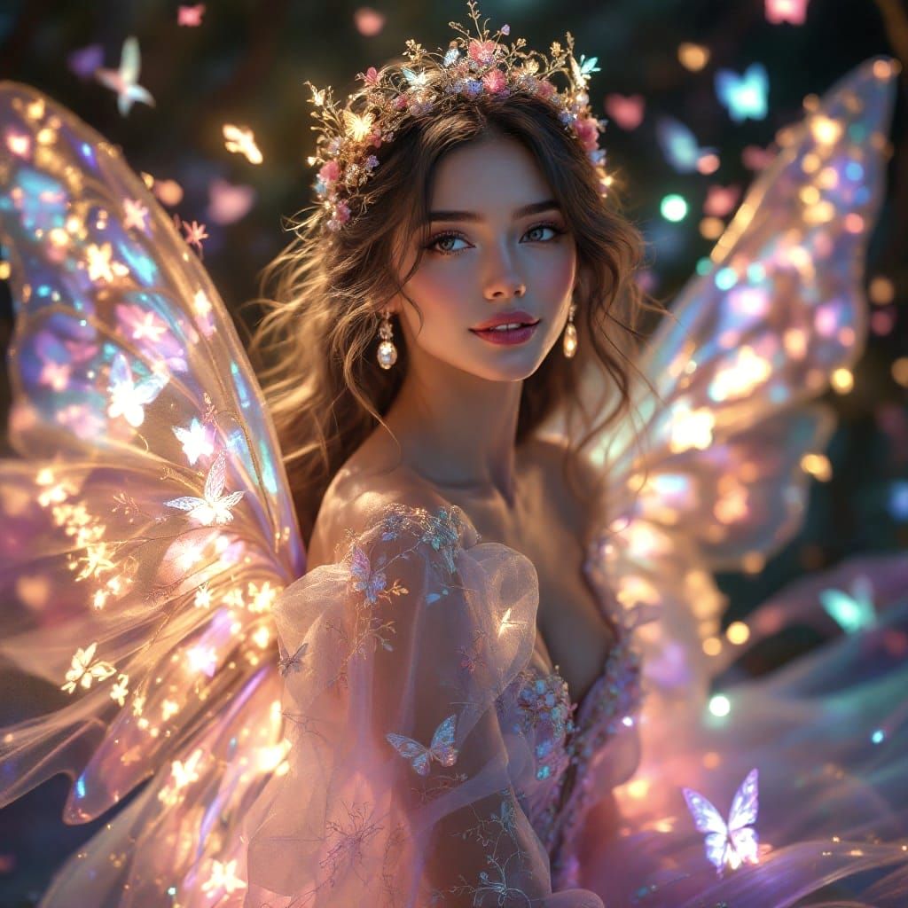 Woman in Dreamlike Landscape with Iridescent Butterfly-Inspi...