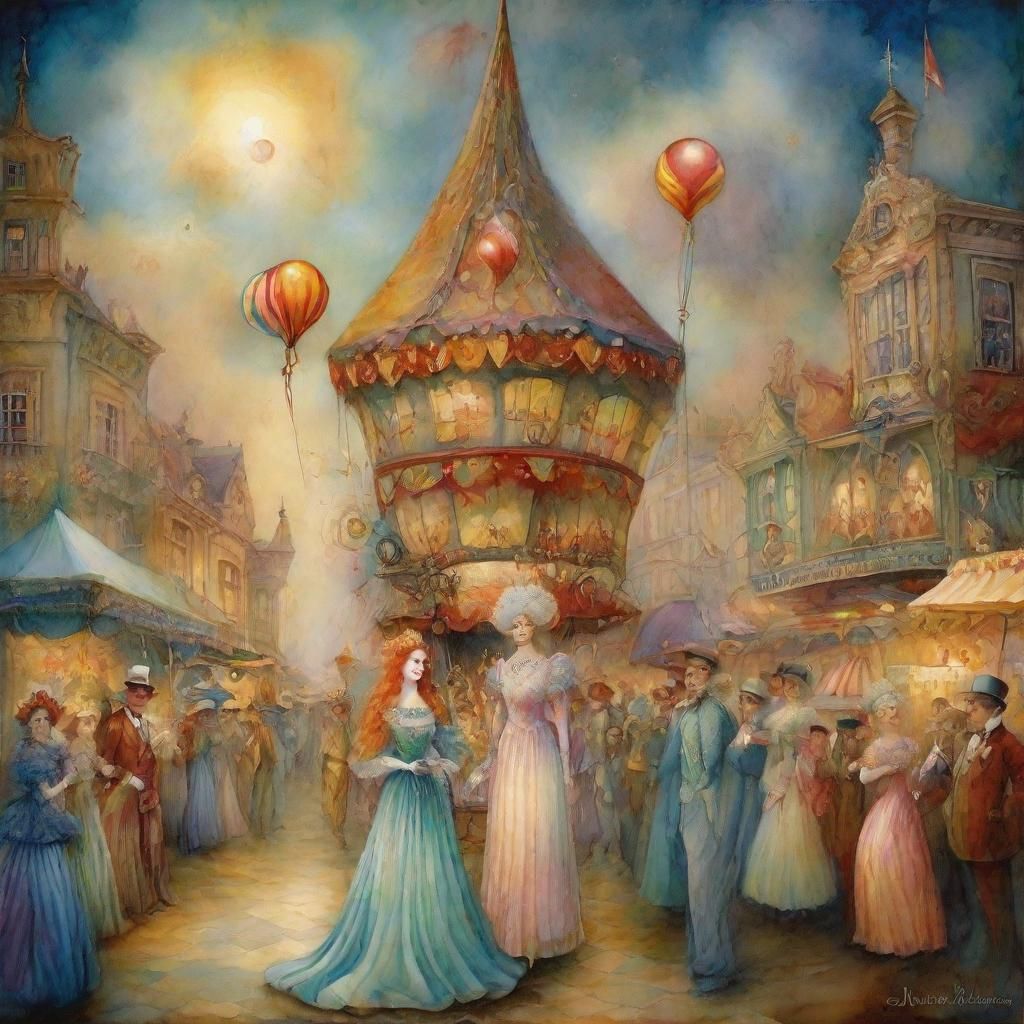 Surreal Skinny Clown Beside a Fantastical Circus