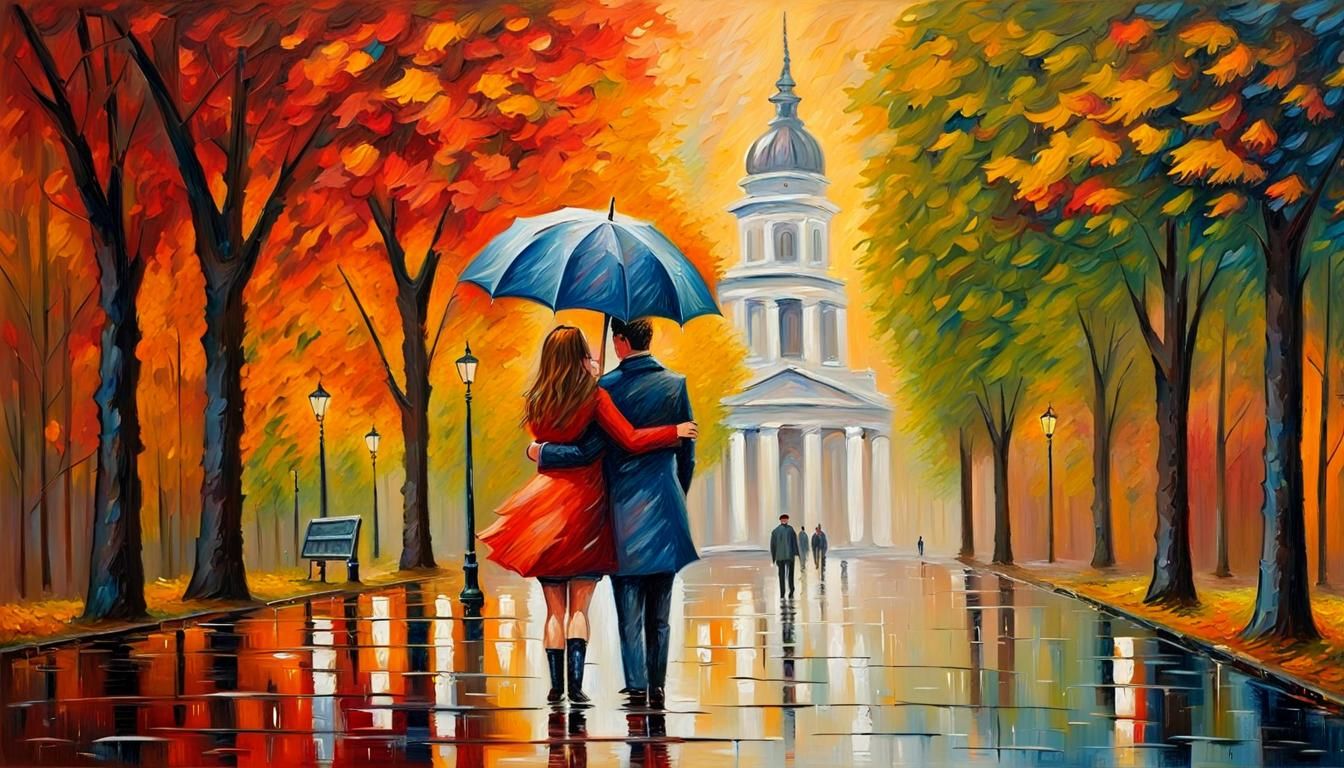 Romantic Couple in Rainy Madrid Park, Neo-Impressionist Styl...