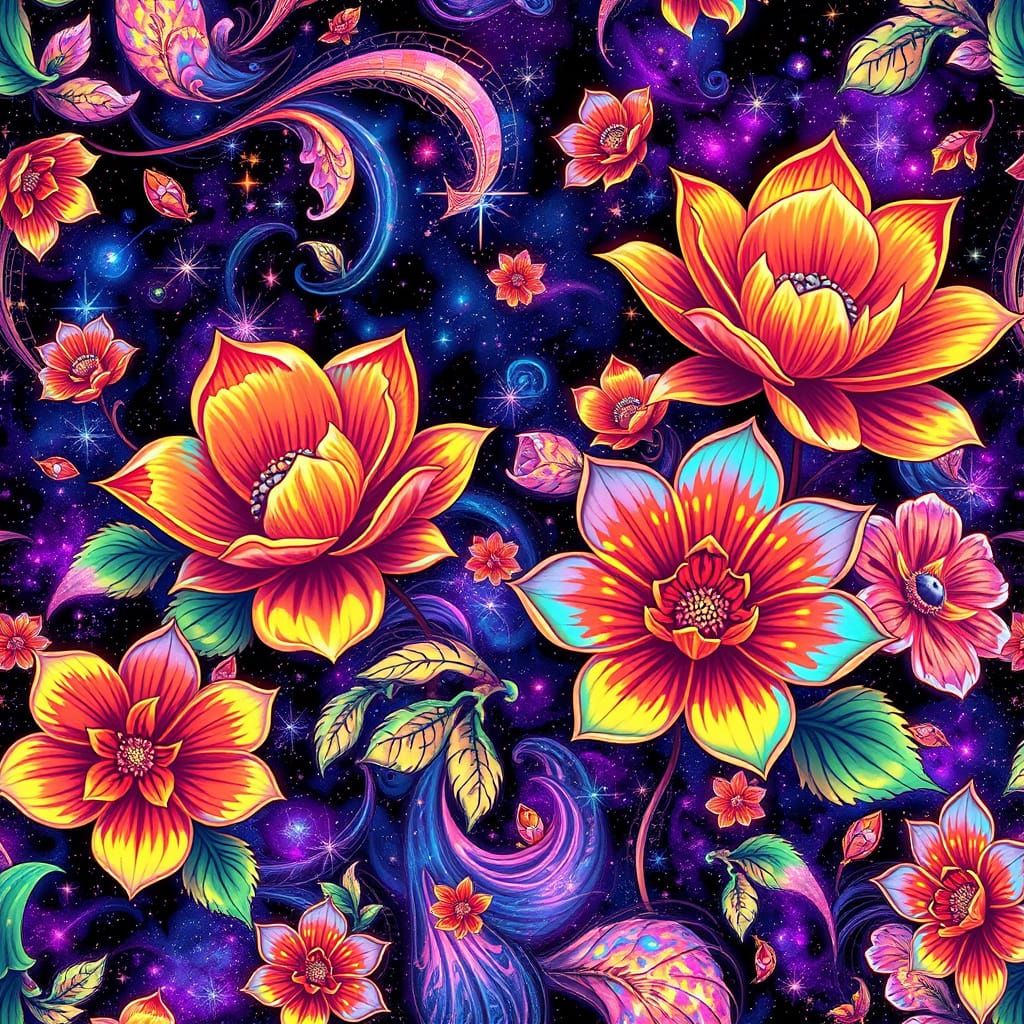 Vibrant Floral Mural in Holographic Illustration Style