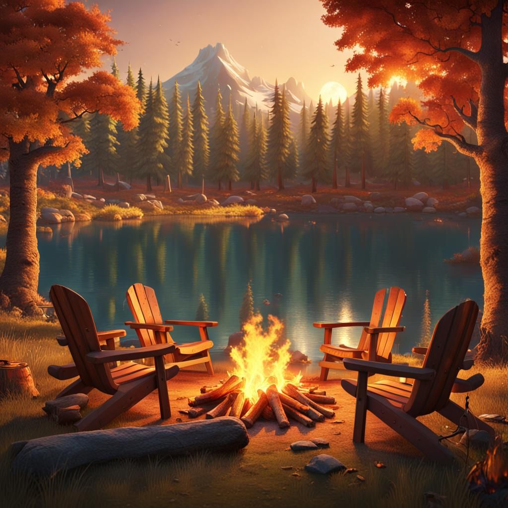 Lakeside Campfire at Sunset: Digital Art