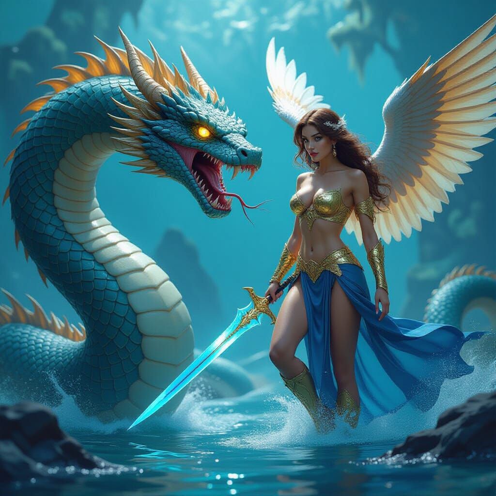 Angel Admiring Serpent vs Dragon Clash in Digital Matte Pain...